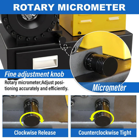 Pro Level Electric Hydraulic Hose Crimper With Eight Slick Dies For No Sweat Quarter To One Inch Seals On Automotive AC And Heavy Duty Farm Gear Portable 110 Volt Power Setup For Reliable Fuel Line And Hydraulic Repair Jobs showing rotary micrometer for accurate adjustments.