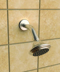 6 Inch Shower Arm Flange And Assembly In Brushed Nickel Finish For Wall Mount Showerheads on beige tiled wall