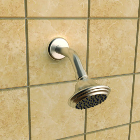 6 Inch Shower Arm Flange And Assembly In Brushed Nickel Finish For Wall Mount Showerheads on beige tiled wall