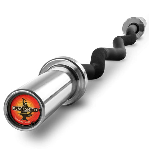 65 Lb Olympic Weight Set With Rubber Coated Texas Star Plates And EZ Curl Bar for home gym, close-up of EZ curl bar handle