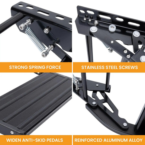 One Step Manual Foldable Step For Campers And Trailers, 1 Step Aluminum Alloy Retractable Stair With Thickened Steel Plate, Non Slip Surface, 440 Lbs Load Capacity, Black, Beefy Built For Campers And Travel Trailers showing spring, screws, and anti-skid pedal