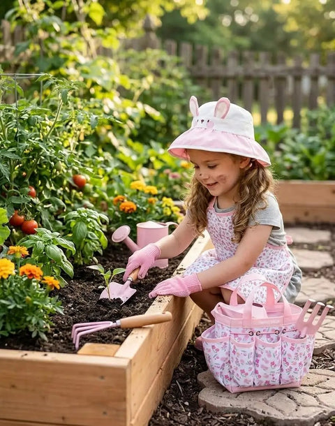Child using Eight Piece Kids Gardening Tool Set With Shovel Rake Watering Can Hat Apron Gloves And Storage Bag Pink Flower Theme