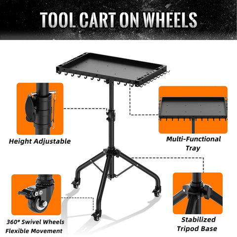 Height Adjustable Rolling Tool Cart With Wheels And Magnetic Tray Holder For Garage Workbench 42cm By 30.5cm Tray 50 Lb Load Capacity Magnetic Strip Organizer Mobile Tool Storage Cart showing features like height adjustment, swivel wheels, and multi-functional tray.