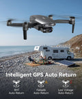 Dope 4K GPS Drone With Camera For Adults flying near coastline with RV, showcasing auto return feature.