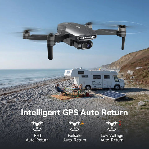 Dope 4K GPS Drone With Camera For Adults flying near coastline with RV, showcasing auto return feature.