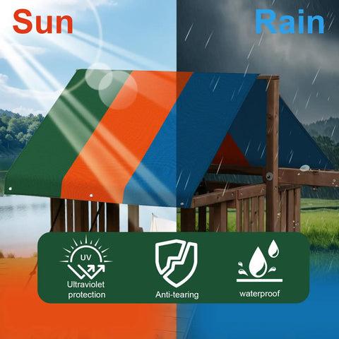 52 Inch Playground Canopy Replacement For Swing Sets And Backyard Playgrounds Durable Sunshade Roof Cover shown in sun and rain conditions
