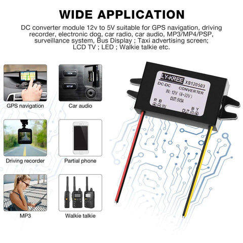 12V To 5V Buck Converter USB Module Three Pack For Car Use Converts DC To 5V Up To 3A 15W High Efficiency 96 Percent Wire Interface Power Adapter Easy Plug And Play Ride Ready Automotive Power Solution with images of applications like GPS and car audio.