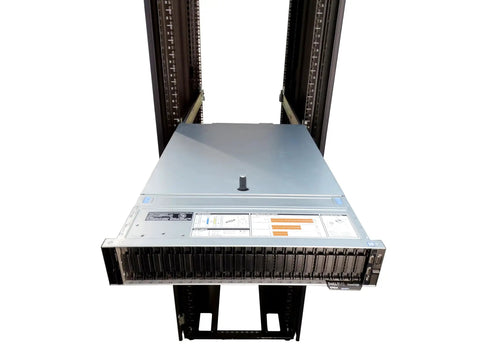 Renewed R740Xd Rackserver Bosses Up With Dual Platinum 8260 Cpus One Tb Ddr4 Ram Four 3.84Tb Nvme Drives Plus Ten Gbe Ports Delivering Beast Mode Compute Right Out hosted in a server rack.