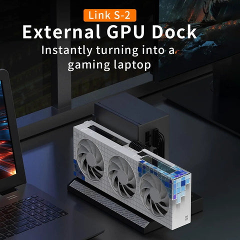 Plug And Play External Gpu Dock For Laptop Graphics Card Expansion PCIE Enclosure with three fans and power supply setup.