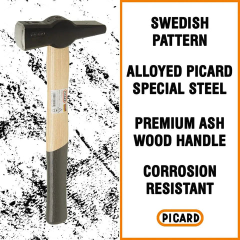 Heavy Duty 1000g Blacksmith Hammer With Swedish Pattern Cross Peen, Forged Alloy Steel Head, Chamfered Edges, Ash Handle