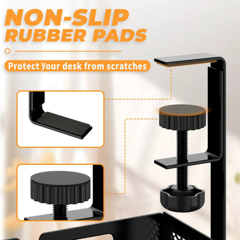 Close-up of non-slip rubber pads and clamp for under desk cable management tray, no drill steel desk organizer.