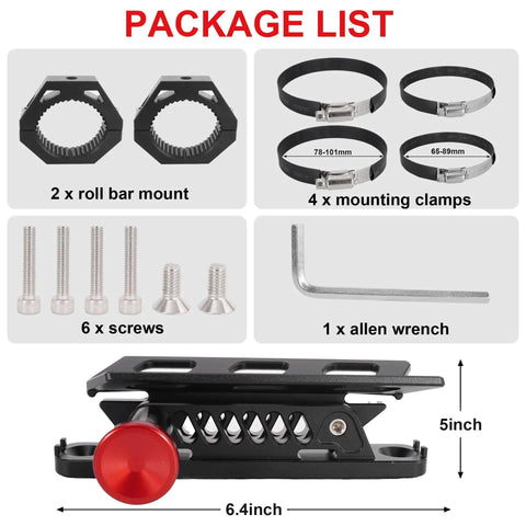 Package contents of Quick Release Fire Extinguisher Mount Bracket For Offroad Jeeps And Utvs, including mounts and tools