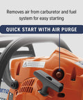 Close-up of the 120 Mark III Gas Chainsaw With 14 Inch Bar And X Torq Engine's quick start air purge system for easy starting.