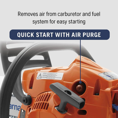 Close-up of the 120 Mark III Gas Chainsaw With 14 Inch Bar And X Torq Engine's quick start air purge system for easy starting.