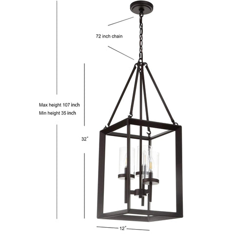 Oil Rubbed Bronze 12 Inch 3 Light Lantern Pendant LED Ceiling Light for Foyer Kitchen Island and Entryway with Clear Glass Shade Traditional Metal Fixture ETL Listed showing dimensions and chain length.
