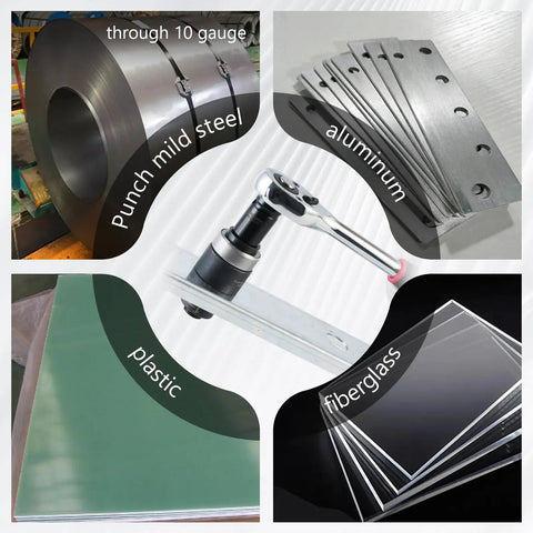 Ratchet Knockout Hole Punch Driver Kit with samples of steel, aluminum, plastic, and fiberglass for electrical conduit work