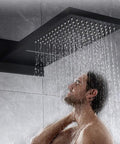 Wall Mounted Concealed Shower System With All Copper Thermostatic Valve Slick Matte Black Finish In Wall Waterfall Rain Shower Set, user enjoying smooth water flow.