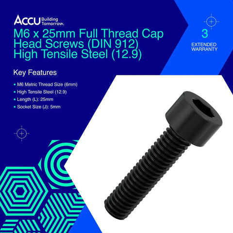 M6 X 25Mm Full Thread Socket Cap Screws Forged From Premium High Tensile Grade 12.9 Steel, hex socket drive.