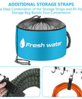 Color Coded RV Storage Bags Set Of 4 Waterproof Hose And Accessory Organizer Pouches For Sewer Hose Fresh Water Hose Black Water Hose And Power Cords Drawstring Closure Grab And Go Ready shown with additional storage straps and hooks.
