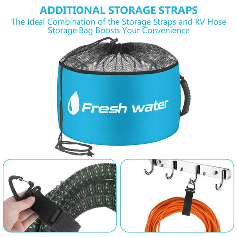 Color Coded RV Storage Bags Set Of 4 Waterproof Hose And Accessory Organizer Pouches For Sewer Hose Fresh Water Hose Black Water Hose And Power Cords Drawstring Closure Grab And Go Ready shown with additional storage straps and hooks.