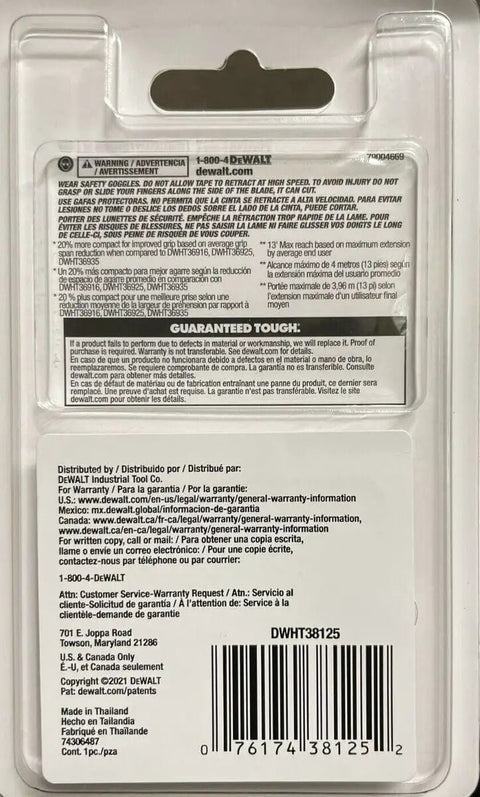 Back view packaging of Atomic 25 Ft Tape Measure With 13 Ft Max Reach Fractional Blade For Quick Measurements in blister pack.