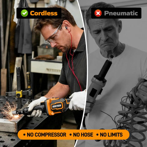 Comparison of a Cordless Die Grinder Kit With 20V Brushless Motor and a pneumatic tool in use, showcasing operation differences.
