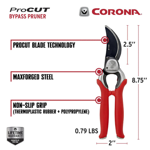Heavy-Duty Go-To Pro Cut Bypass Hand Pruner With 1 Inch Cutting Capacity Forged Steel Blade For Clean Precise Cuts On Thick Stems And Green Growth Red Handle with labeled dimensions and features