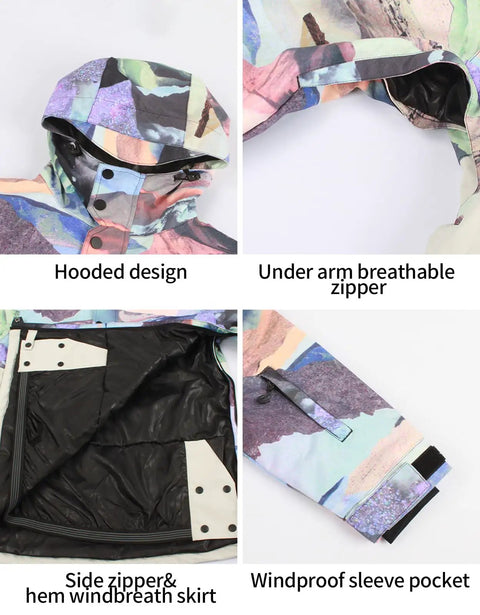Warm Insulated Waterproof Snow Jacket For Men And Women Hooded Snowboard Coat showcasing hood, zippers, and windproof pocket