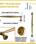 6 Pack Antique Brass Cabinet Handles Zinc Alloy Drawer Pulls For Kitchen And Furniture, detailed size dimensions with M4 screws.