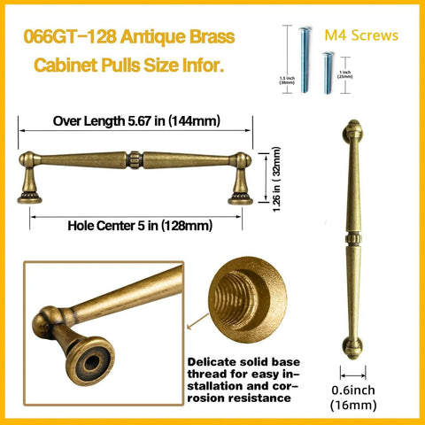 6 Pack Antique Brass Cabinet Handles Zinc Alloy Drawer Pulls For Kitchen And Furniture, detailed size dimensions with M4 screws.