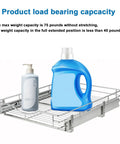 Top Notch Heavy Duty Pull Out Cabinet Organizer One Tier Smooth Glide Chrome Wire Drawer Shelf with cleaning supplies.