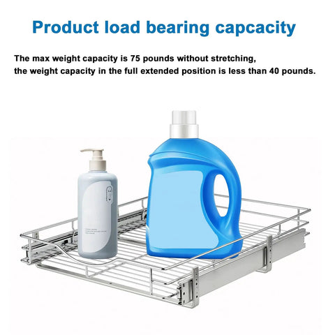 Top Notch Heavy Duty Pull Out Cabinet Organizer One Tier Smooth Glide Chrome Wire Drawer Shelf with cleaning supplies.
