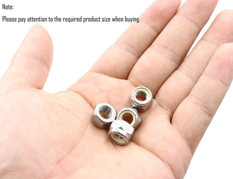 Hand holding 40 Pcs Nylon Insert Hex Lock Nuts 5/16-24 Stainless Steel 304 Silver High Strength Lock Nuts for auto parts and electronics