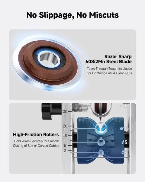 Close-up of 250W Automatic Wire Stripper Machine showing razor-sharp steel blade and high-friction rollers for cable cutting.
