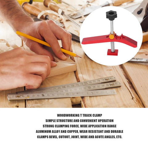 Must-Have Adjustable T-Track Hold Down Clamp For Your Workbench Shop Gear with aluminum alloy, used to secure wood templates.