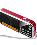 Pocket Size AM FM Radio With 1200mAh Battery For All Day Power featuring digital buttons, USB, and TF card slot, red finish.