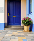 Outdoor Metal Electrical Enclosure Box Weatherproof Junction Box With Safety Lock installed near blue front door with potted plant