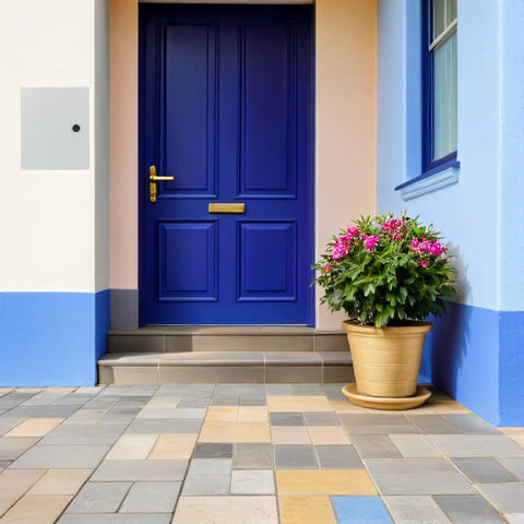 Outdoor Metal Electrical Enclosure Box Weatherproof Junction Box With Safety Lock installed near blue front door with potted plant