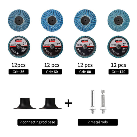 Front view of HOMO FABER 2-inch flap discs for die grinder; 50 pcs, grits 36/60/80/120; includes 2 rod bases and 2 metal rods