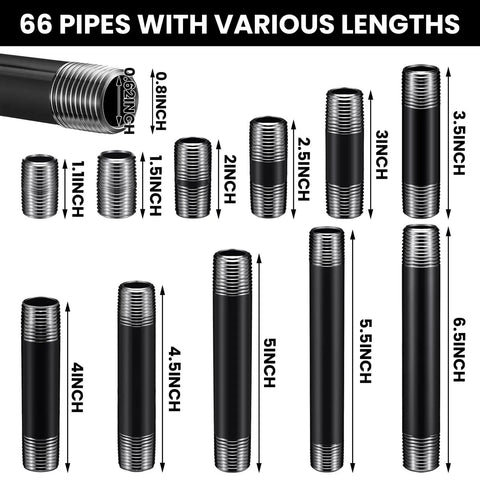 66 Piece Half Inch Black Metal Pipe Nipples Set With 11 Size Assortment, Six Each showing varying lengths from 1 to 6.5 inches.