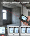 Pro Grade Laser Tape Measure, 328 Ft Digital Distance Meter With Bubble Level, Smart Area And Volume Calculation in use measuring wall.