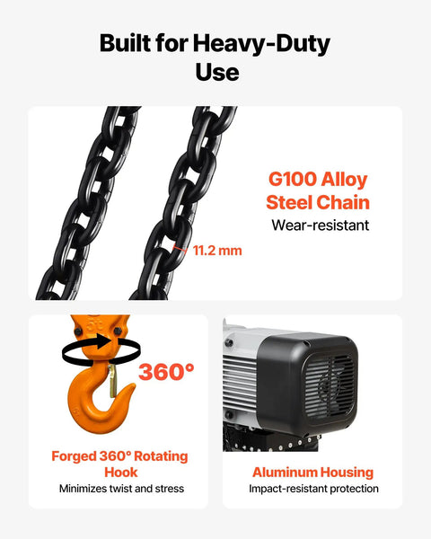 Detail of Heavy Duty 11000lb Electric Chain Hoist With Double Chain System including G100 alloy steel chain and forged rotating hook.