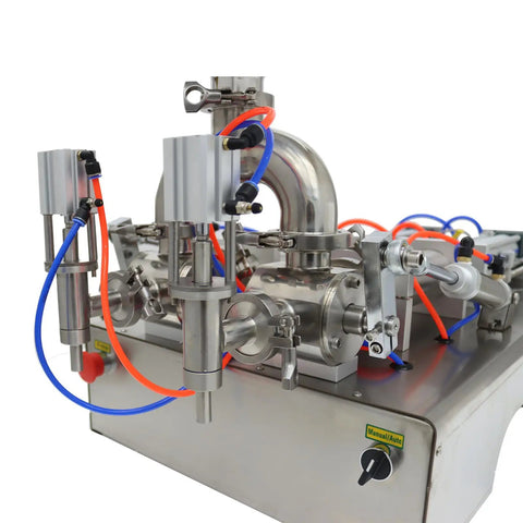 Built Tough Workhorse Pneumatic Paste Liquid Filling Machine With Heating Mixing Hopper And Dual Nozzle Anti Drip Bottle Filler For Thick Fluids Stainless Steel 110V close-up of dual nozzles and tubing.