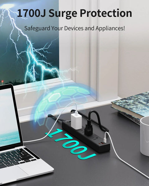 Ultra Thin Flat Plug Power Strip With 6 Foot Cord, 5 Outlets And 3 USB Ports Including 2 USB C, 1700 Joules Surge Protector on desk