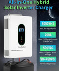 Heavy Duty 12000W Hybrid Solar Inverter With Zero Sweat Wifi Link And Dual Mppt Controllers For 48V Split Phase Systems Bringing Sweet 120 240V AC Power To Homes And Rv Trips mounted on wall with battery below.