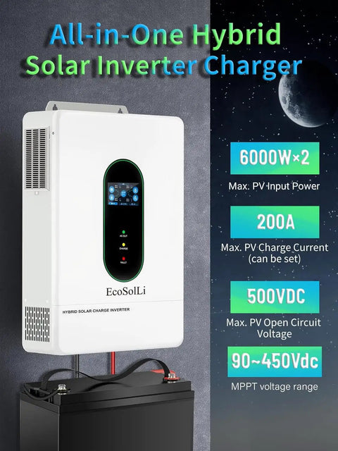 Heavy Duty 12000W Hybrid Solar Inverter With Zero Sweat Wifi Link And Dual Mppt Controllers For 48V Split Phase Systems Bringing Sweet 120 240V AC Power To Homes And Rv Trips mounted on wall with battery below.