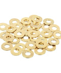 Precision Engineered Heavy Duty 58 Pack Brass Flat Washers M5 5mm Inner Diameter 12mm Outer Diameter 1mm Thick Crush Gasket Assortment laid out in a pile.