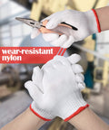 Killer Grip Tough White Cotton Liner Gloves Twenty Four Pair Non Slip Heavy Duty Safety Gear, close-up on hands holding pliers.