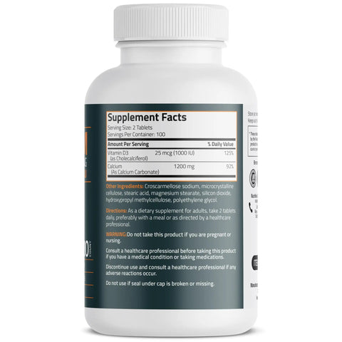 Side view of Calcium 1200mg Plus Vitamin D3 1000 IU High Potency Mega Formula Non GMO 200 Tablets bottle displaying supplement facts