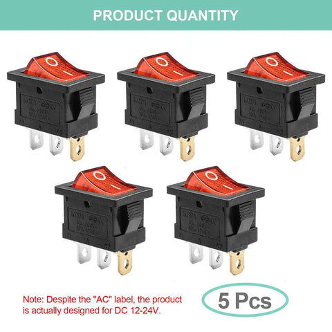 Red LED Boat Rocker Toggle Switch 12 to 24V SPST On Off 3 Pin 2 Position Snap Action 20A Built For Marine Boats Cars pack of 5